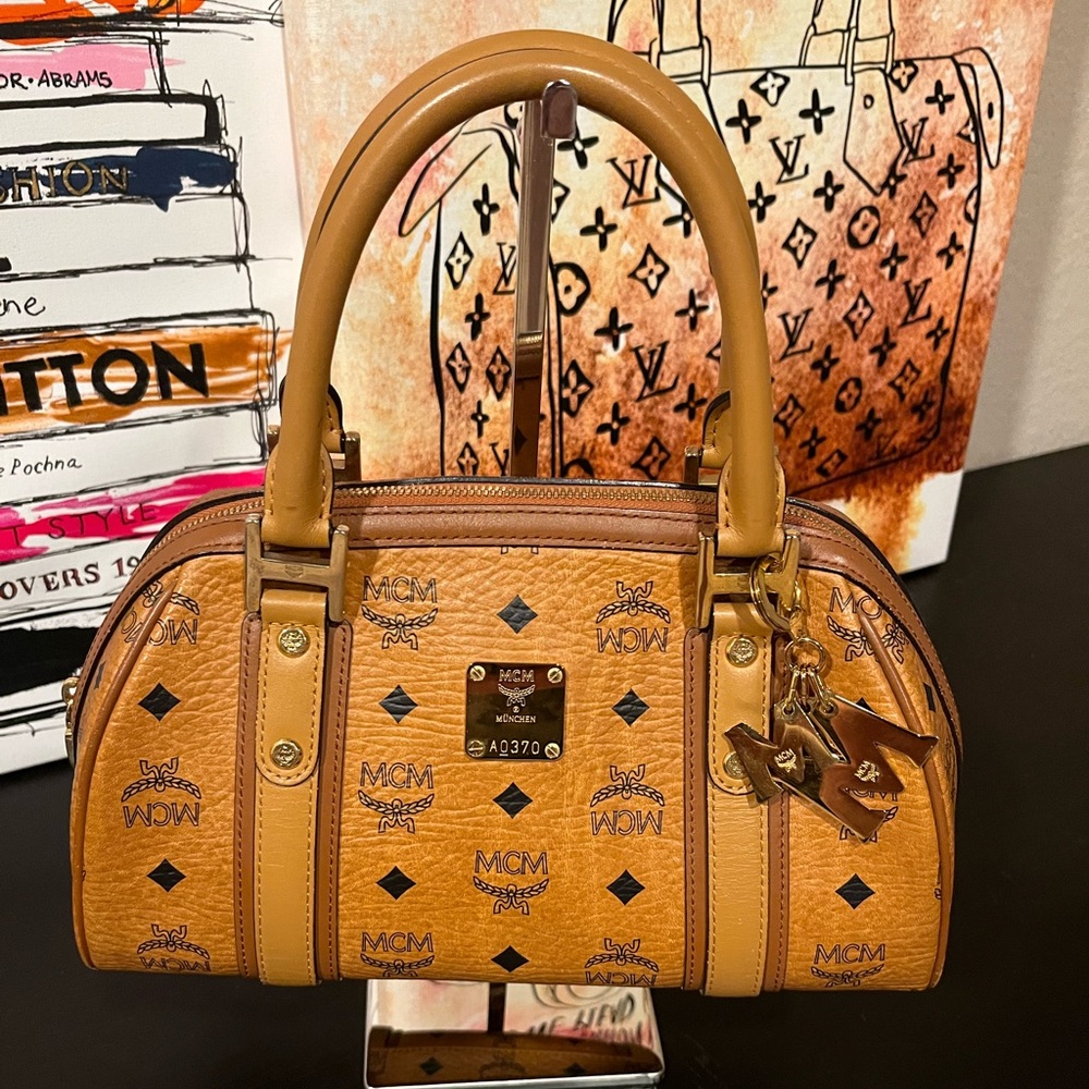 MCM Cognac Visetos Monogram Satchel with Gold Hardware